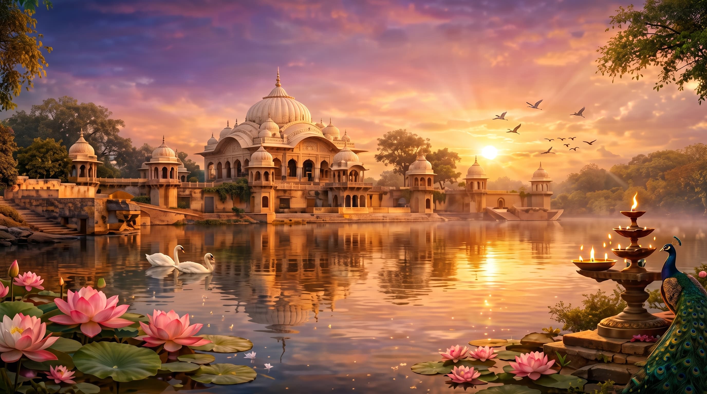 ISKCON Ayodhya — the Sarayu at dusk, with the temple across the water